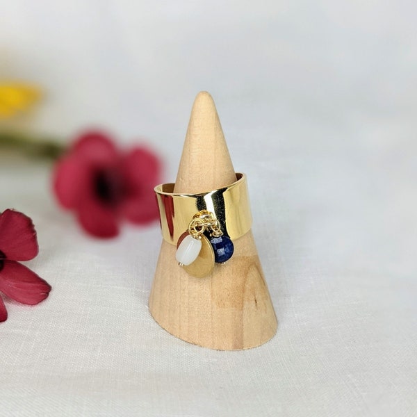 Bague ajustable doré à l'or Santorin avec perles bleues, blanches et sequin doré