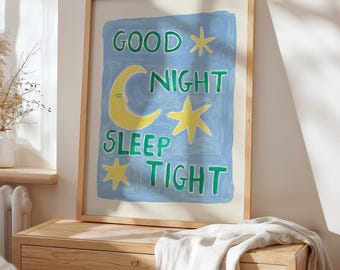 Sleep Tight Quote Unframed Print | Nursery Decor | Retro Wall Art | Bedroom Art | Trendy Wall Art | Funky Wall Art | Hand-painted Art | Blue
