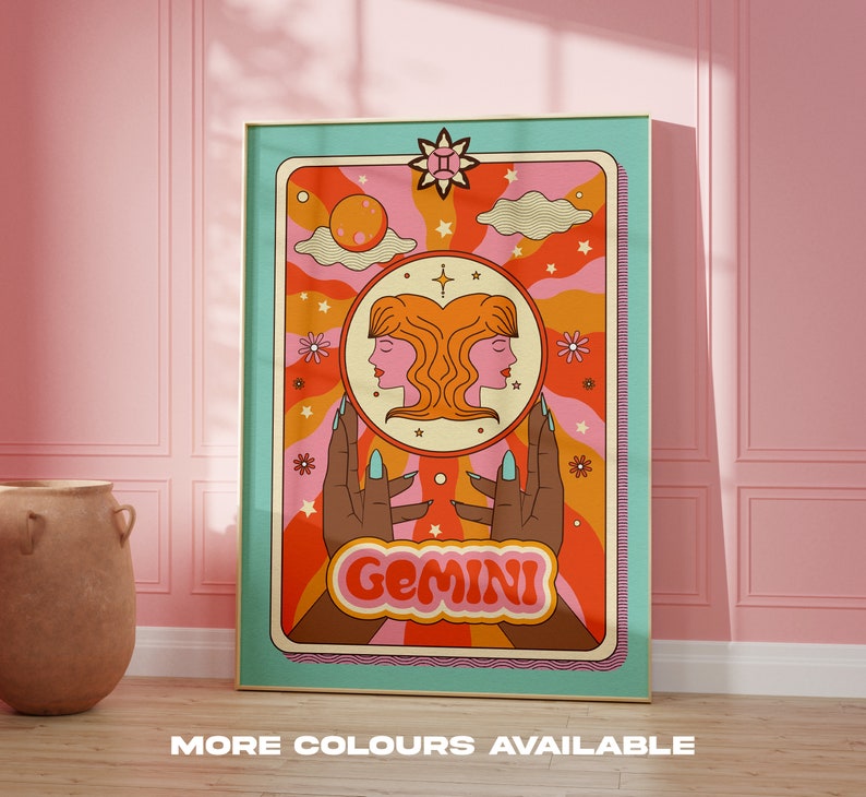 ZODIAC STAR SIGN print Gemini Astrology Birthday Colourful Groovy Office Wall Art Poster Funky Pastel image 1