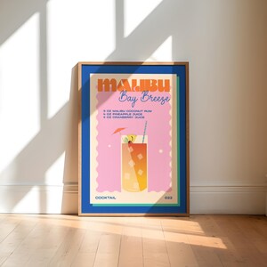 Cocktail rétro Malibu Bay Breeze impression sans cadre | Illustration |  | Art mural | affiche | Bar | Cuisine | Rétro | Cadeau | Alcool | Coloré