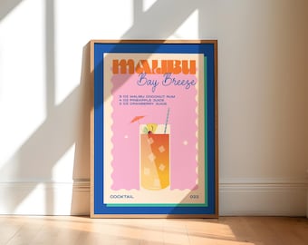 Retro Cocktail Malibu Bay Breeze Unframed Print Illustration