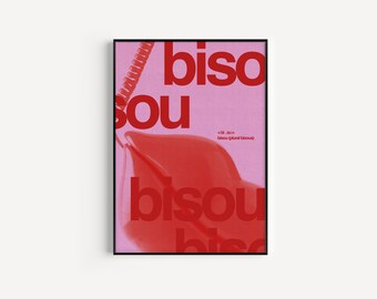 Français Trendy Art Print, Bisou Bisou print, art non encadré, art mural rétro, art mural rose, dortoir, décoration de salon, art mural coloré