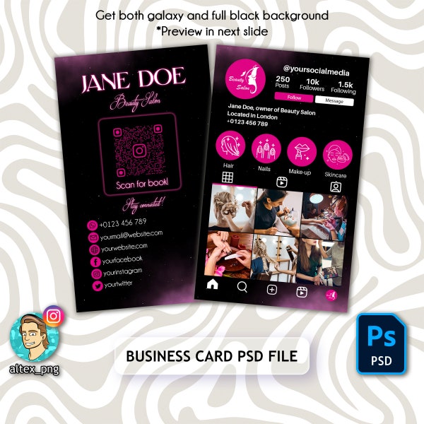 Instagram Business Card Beauty Salon, IG Influencer Cards, Editable Small Business Digital Card Template With Scan to Book QR Code, PSD File