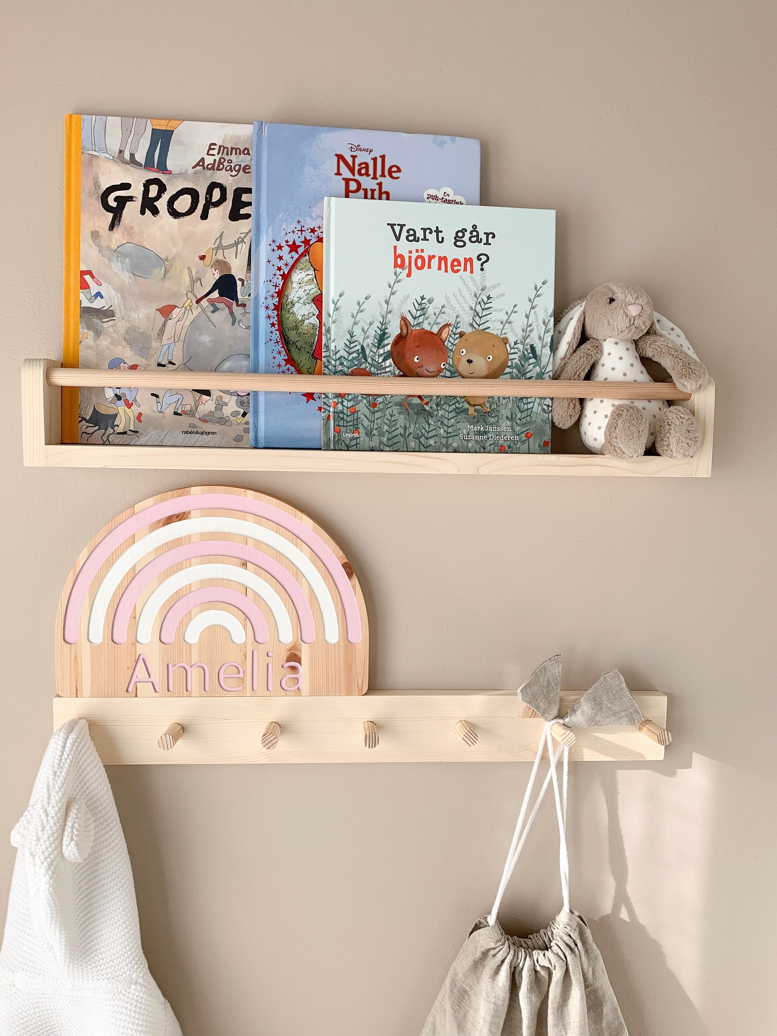 Kids bookshelf & Peg rail set Scandinavian Pine Wood Etsy