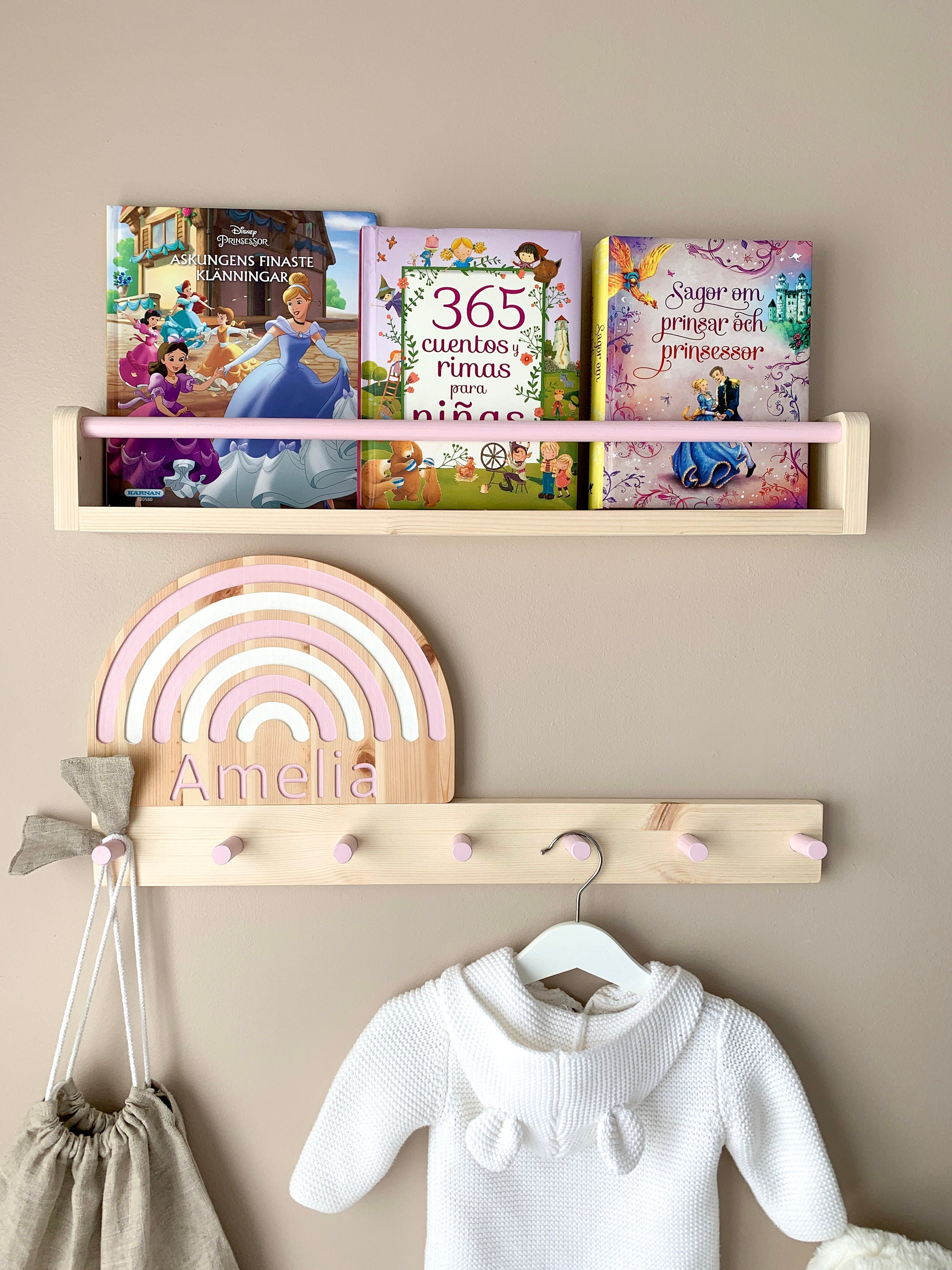 Kids bookshelf & Peg rail set Scandinavian Pine Wood Etsy