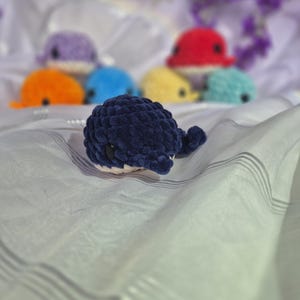 May include: A dark blue crocheted whale plush toy with a white underbelly and black plastic eyes. In the background, several other small crocheted whale plush toys in various colours including purple, orange, red, yellow, and light blue are visible.