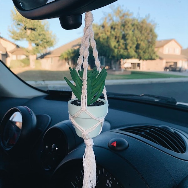 Mini Car Plant Hanger w/faux succulent / Rear View Mirror / Mini Macrame Succulent Hanger /Boho decor / car decor/choose pot color