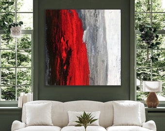 Pintura abstracta grande de 36 x 36 pulgadas sobre lienzo, obra de arte texturizada original en rojo claro, arte colorido en gris y negro para decoración de sala de estar, arte blanco