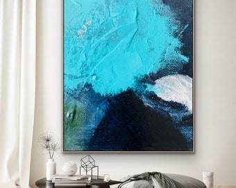 Dipinto astratto enorme blu verde acqua, originale, acrilico su tela, arte murale, espressione moderna, arte murale su tela, decorazione artistica contemporanea blu