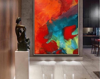 Abstract Painting Original Large Acrylic Canvas Wall Art, Expressionism Red Modern Painting Wall Art on Canvas, Huge contemporary art decor