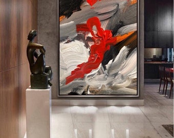 Abstract Painting Original Large Acrylic Canvas Wall Art Expressionism black Modern Painting Wall Art on Canvas, Red contemporary art decor