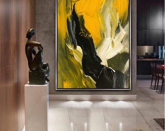 Black wall art Minimal abstract paintings Large oil painting Canvas Wall Art lemon yellow artwork for living room decor art gift ideas