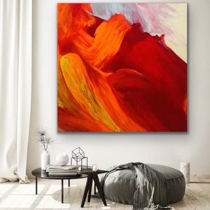 48x48 inches Large Abstract Painting On Canvas Original Red Textured Artwork Colorful Oil Painting Art for Living Room Decor Red Orange art