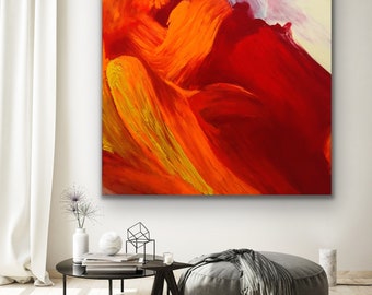 48x48 inches Large Abstract Painting On Canvas Original Red Textured Artwork Colorful Oil Painting Art for Living Room Decor Red Orange art