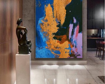 Abstract Painting Original Large Acrylic Canvas Wall Art, Expressionism Blue Modern Painting Wall Art on Canvas, Huge contemporary art decor