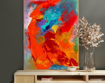 Pintura abstrata grande de 24x18 polegadas sobre tela, arte original em azul e vermelho, pintura acrílica minimalista, arte para sala de estar, decoração de parede, presente