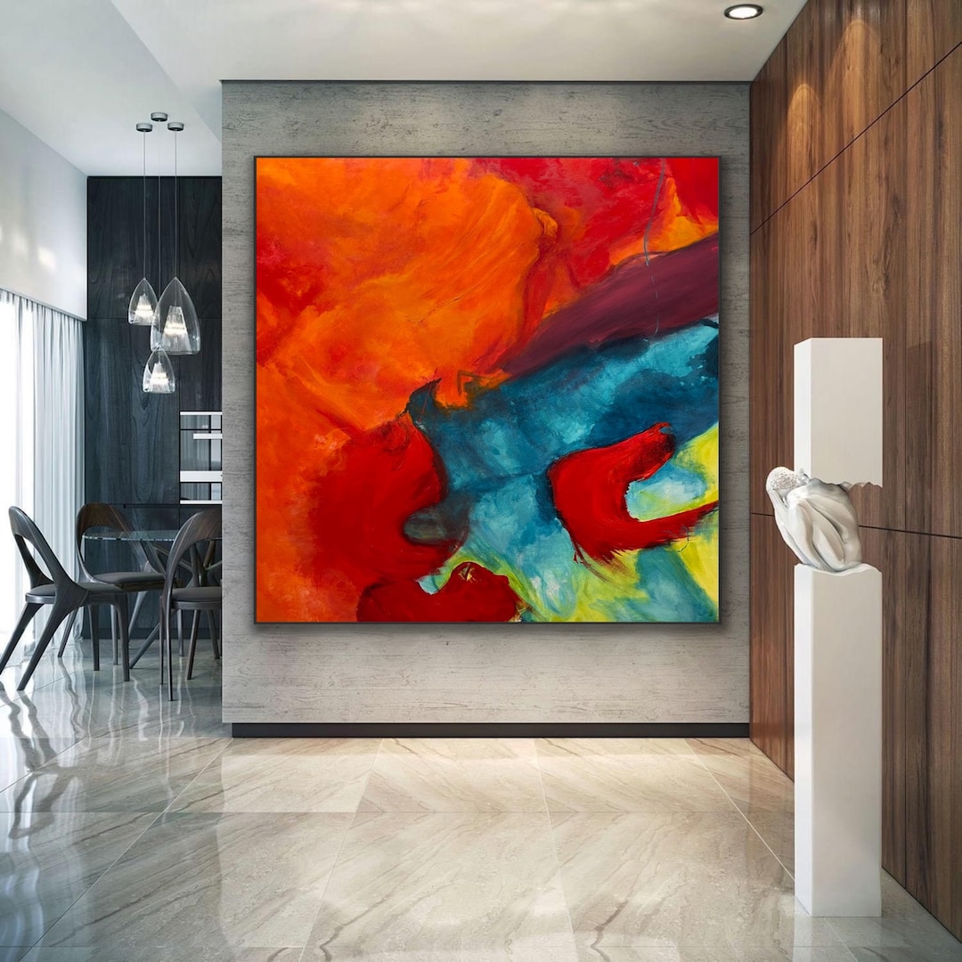 Red Abstract Painting Original Large Acrylic Canvas Orange Teal Blue ...