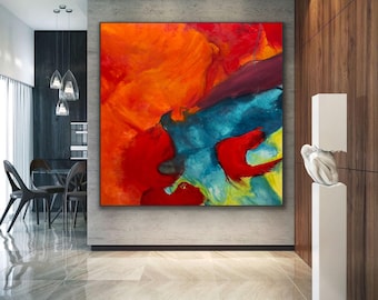 Red Abstract Painting Original Large Acrylic Canvas Orange teal blue lime green custom Modern framed Wall Art Huge contemporary art Romance