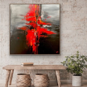 48x48 inches Large Abstract Painting On Canvas Original Black and red Artwork minimal acrylic Painting Art for Living Room Decor wall art