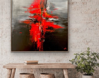 112x112 cm stor abstrakt målning på duk original svart och rött konstverk minimalistisk akrylmålning konst för vardagsrumsinredning väggkonst