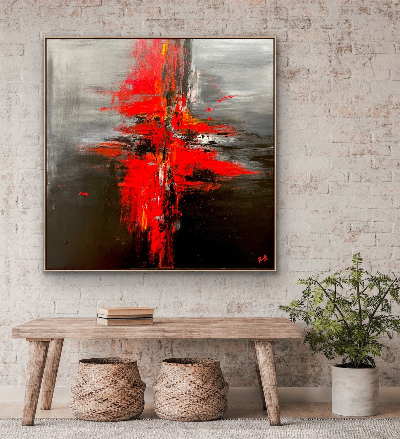 48x48インチ キャンバスに描かれた大きな抽象画 オリジナルの黒と赤の