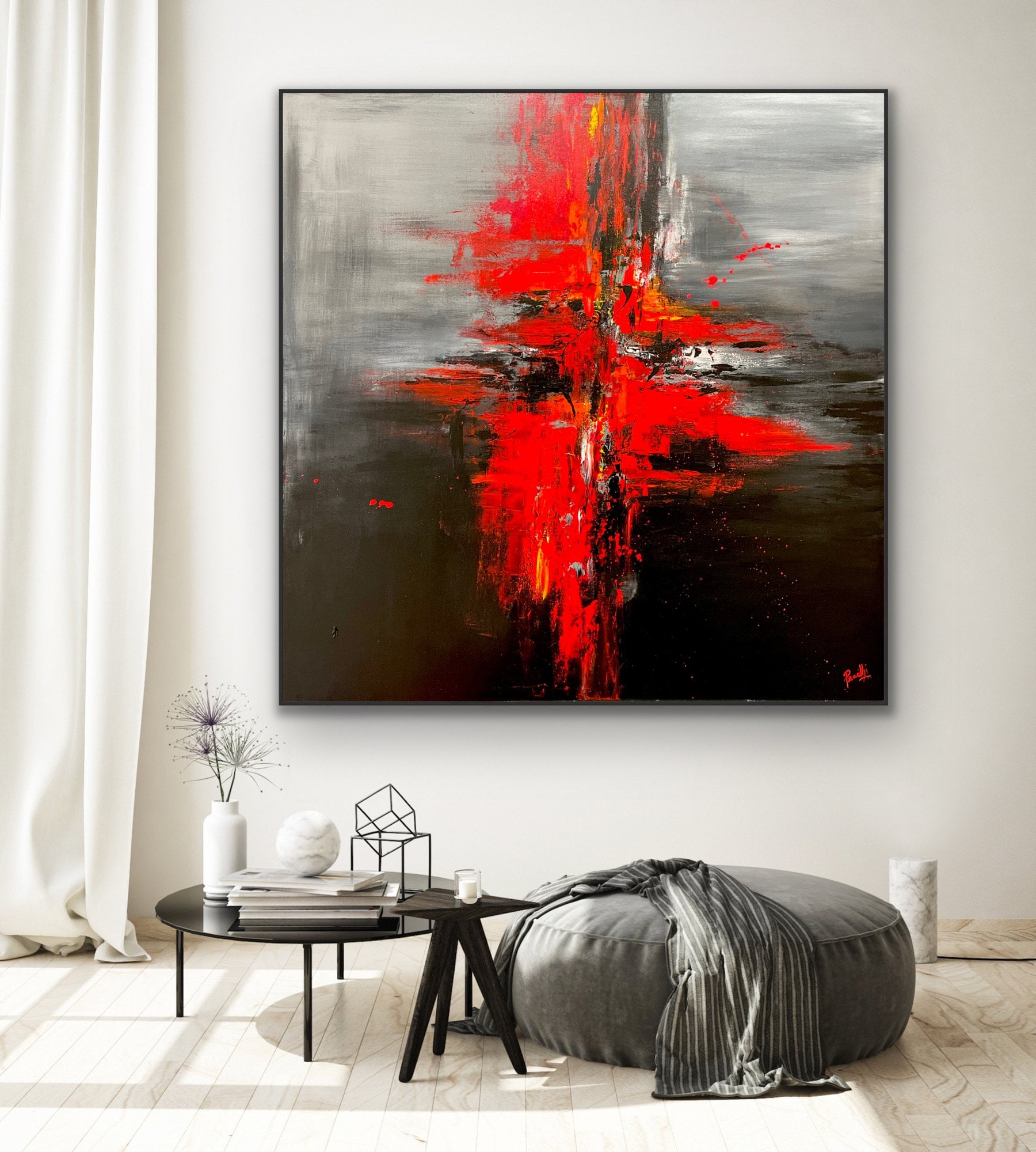 48x48 Inches Large Abstract Painting on Canvas Original Black and Red ...