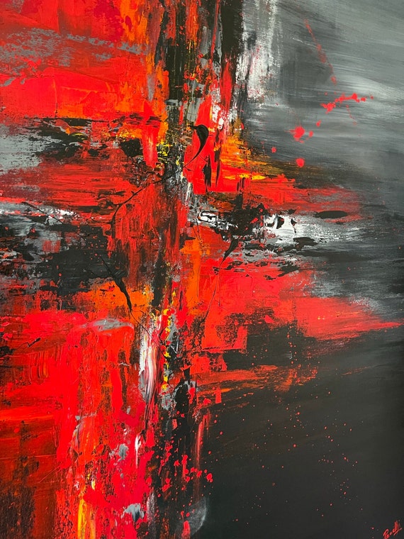 48x48インチ キャンバスに描かれた大きな抽象画 オリジナルの黒と赤の