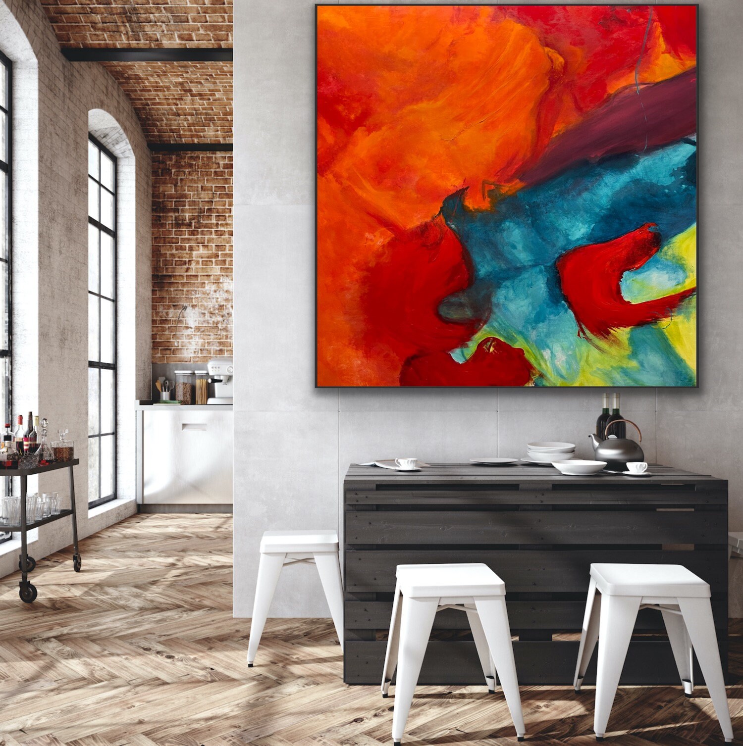 Red Abstract Painting Original Large Acrylic Canvas Orange Teal Blue ...