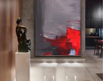 Abstract Painting Original Large Acrylic Canvas Wall Art Expressionism Grey Modern Painting Wall Art on Canvas, Red contemporary art decor
