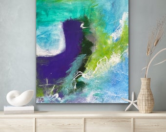 Pintura abstracta grande de 20 x 16 pulgadas sobre lienzo, obra de arte original azul y violeta, pintura acrílica minimalista, arte de pared para decoración de sala de estar, regalo
