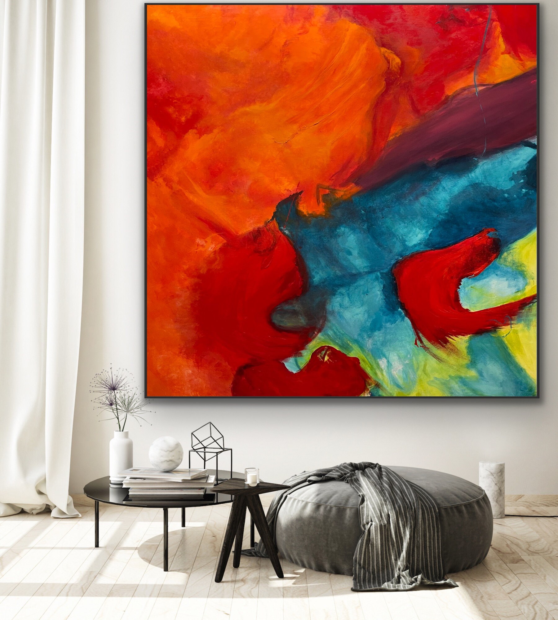 Red Abstract Painting Original Large Acrylic Canvas Orange Teal Blue ...