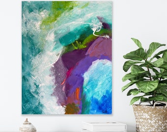 Pintura abstracta grande de 20 x 16 pulgadas sobre lienzo, obra de arte original azul y violeta, pintura acrílica minimalista, arte de pared para decoración de sala de estar, regalo