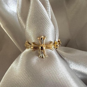 CH gothic cross style ring Y2K chrome gold punk flower charm chrome grunge dainty ring cross ring gold ring punk ring ADJUSTABLE SIZE