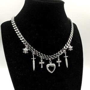 Stainless Steel Sword Charm Necklace heart necklace rhinestone Gothic Grunge Streetwear Y2K Chain Silver Handmade Jewelry Gift for Her