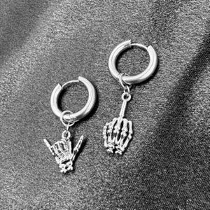 Hand skull hoop earrings, hoop earrings, huggie earrings, huggie hoop, gothic jewelry, mens hoops, skull earrings, skull hoops middle finger
