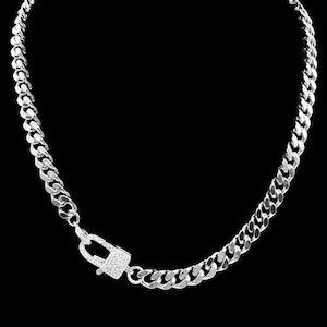 Mini CZ Clasp Stainless Steel Silver Chain Link Necklace Choker Tarnish-Proof Diamond Crystal Layer Handmade Unisex Jewelry curb chain