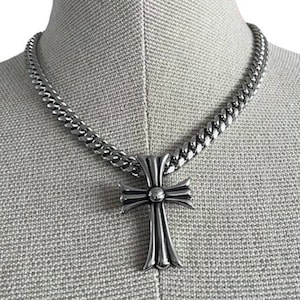 Tribal gothic cross stainless steel pendant charm thick curb chain silver necklace