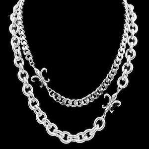 gothic style Y2K punk necklace chrome silver roll chain curb chain fleur de lis necklace fleur chain gothic chain layering necklace