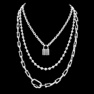 Chunky multi layer necklace unisex stainless steel ball chain and lock pendant chunky statement necklace hypoallergenic non tarnish