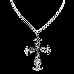 Silver + Black Gothic Cross Necklace Stainless Steel Statement Pendant Choker Layer Chrome Y2K Handmade Unisex Mens Jewelry curb chain