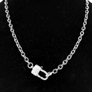 Mini CZ Clasp Stainless Steel Silver Chain Link Necklace Choker Tarnish-Proof Diamond Crystal Layer Handmade Unisex Jewelry