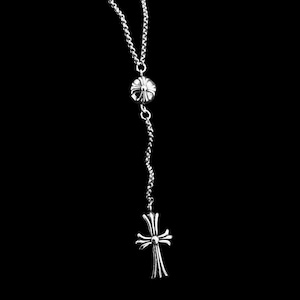 chrome cross gothic cross thin dainty chain lariat rosary necklace