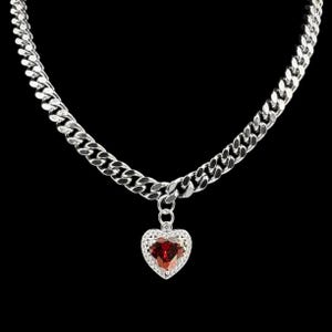 Stainless steel heart crystal necklace with chunky chain , Y2k Silver necklace, Cyber Punk necklace, Grunge gothic necklace curb chain