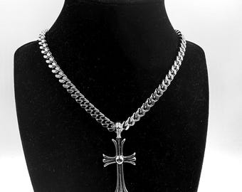 Chrome necklace, chrome cross necklace, Cuban chain necklace, chain jewelry, cross necklace, silver chain, men’s necklace, gothic cross
