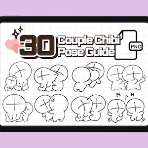 30 Couple Chibi Pose Stamps: Kawaii Anime Drawing Guide (PNG File)