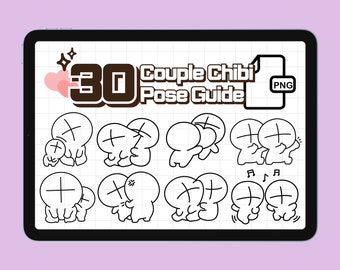 30 Couple Chibi Pose Stamps: Kawaii Anime Drawing Guide (PNG File)