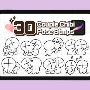 Puede incluir: Una ilustración digital de 30 sellos de pose chibi de pareja en blanco y negro. El texto "30 Couple Chibi Pose Stamps" está en la parte superior de la imagen.