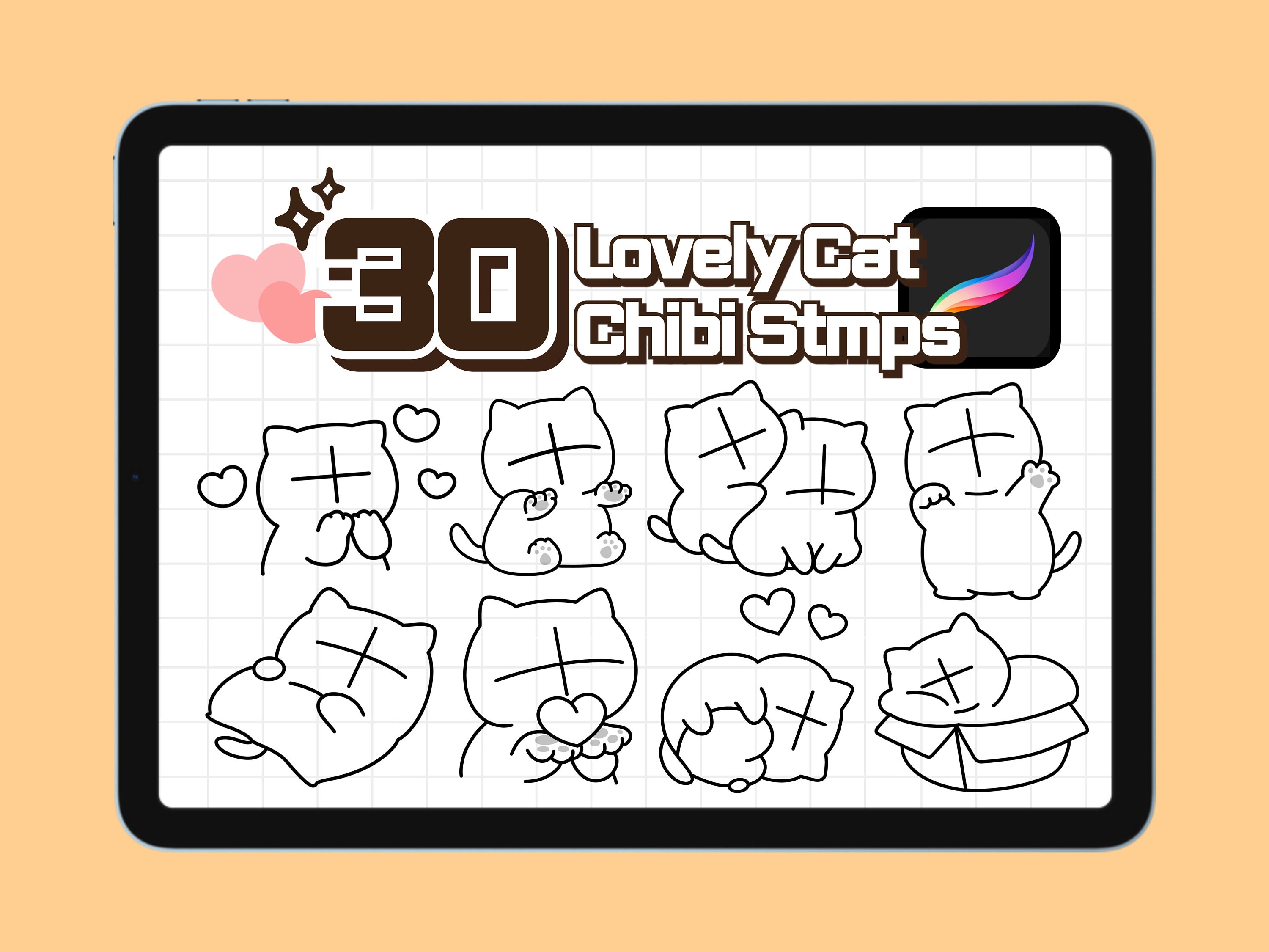 Cat Chibi Procreate Stempel-Pinsel – 30 Kawaii-Anime-Emote-Posen für süße Charakterzeichnungen
