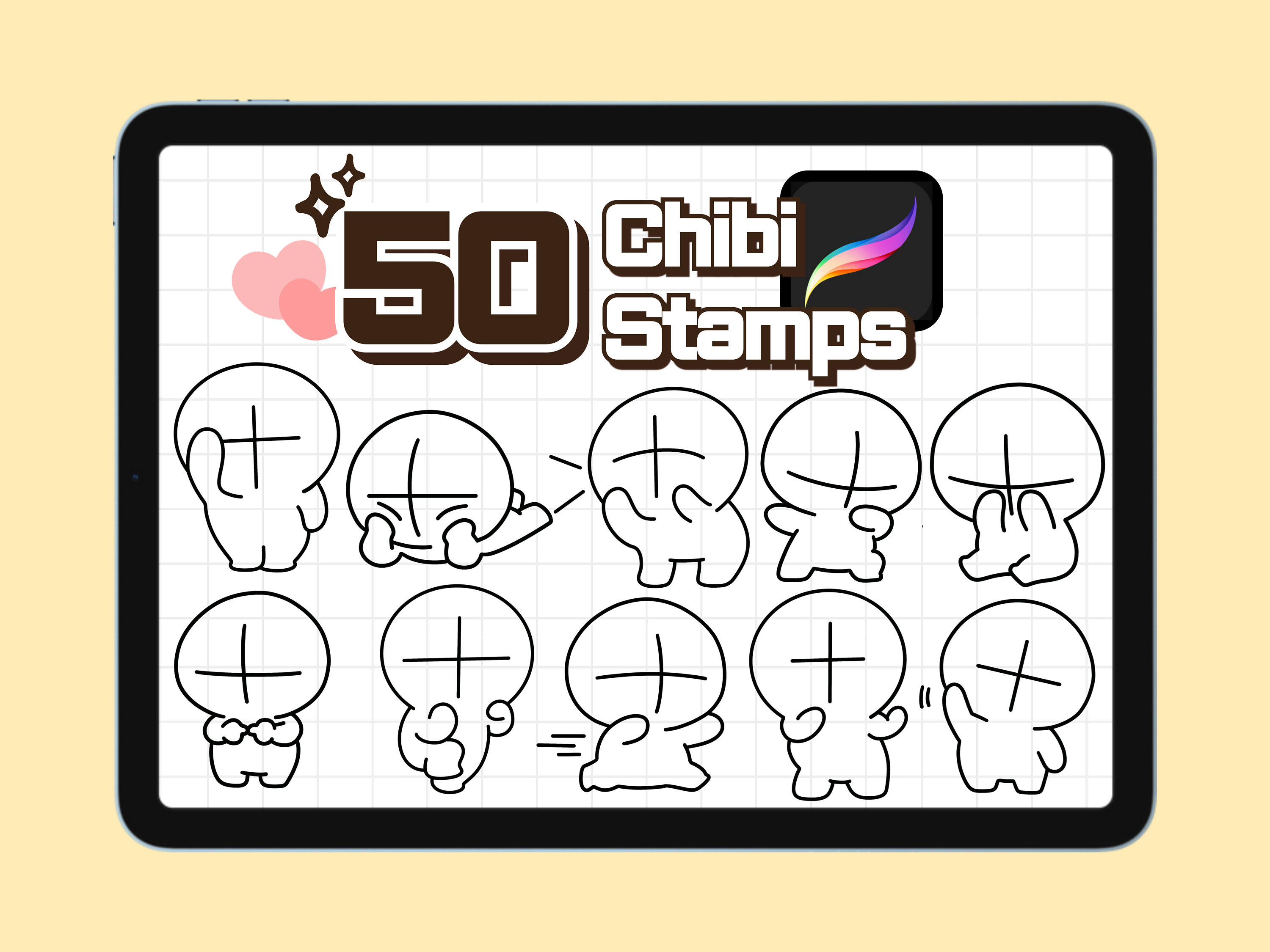 Pinceles Sello de Poses Chibi para Procreate – 50 poses de emotes kawaii anime para dibujo de figura, Discord y Twitch