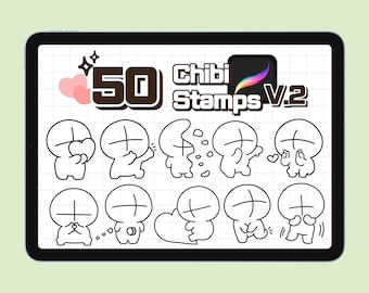 May include: A digital illustration of 50 black and white chibi character stamps on a white grid background. The text "50 Chibi Stamps V.2" is at the top of the image.